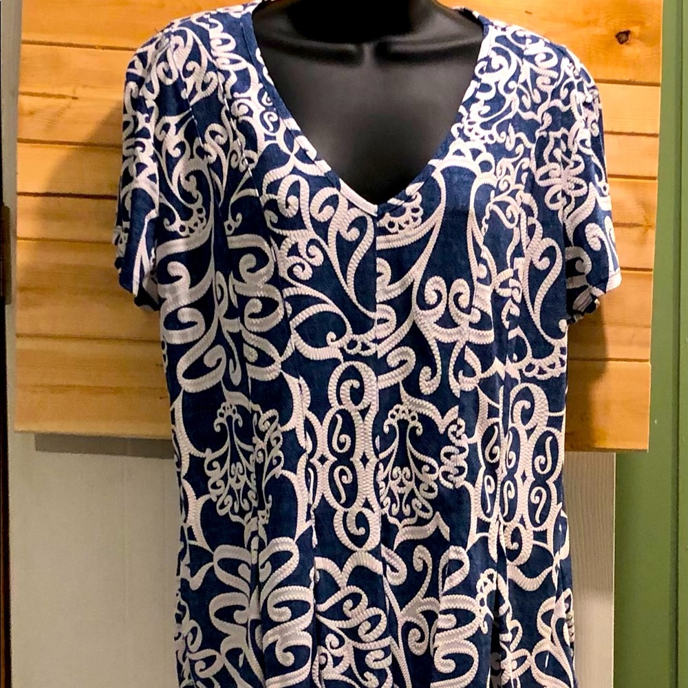 Denim blue and white blouse